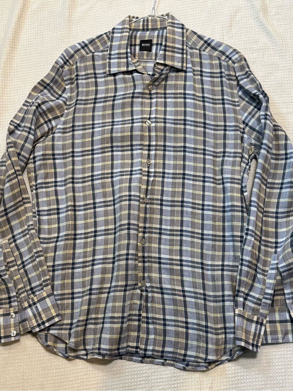 BOSS Men’s Plaid Button-Up Shirt in Blue and Gray linen